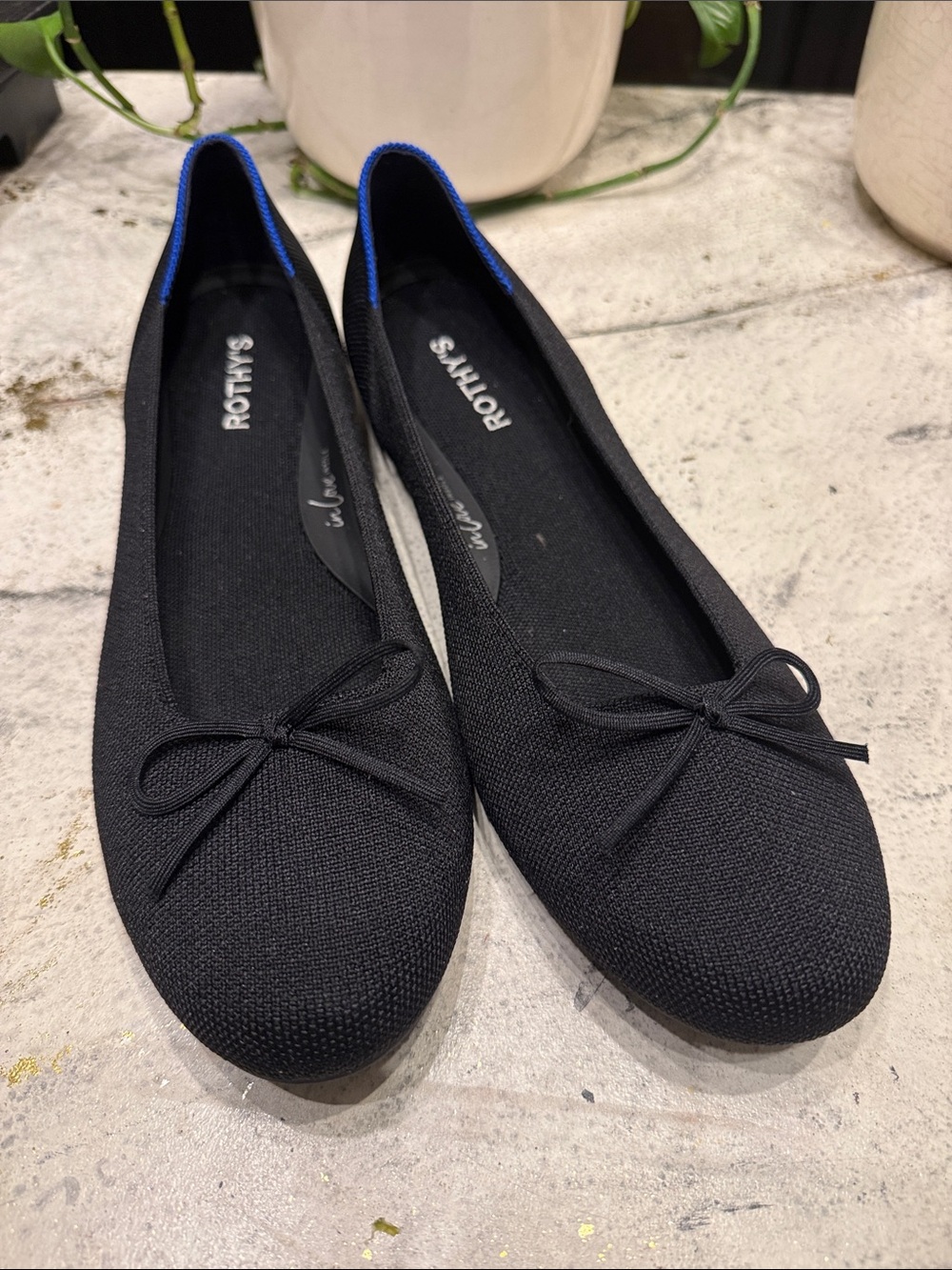 Rothy's Black Ballet Flats with Subtle Blue Trim size 13